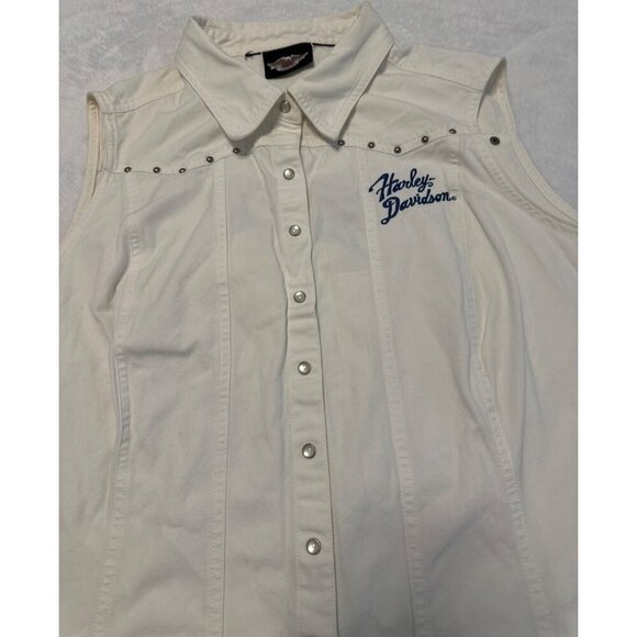 Harley-Davidson Sleeveless White Button-Up Shirt, Embroidered Front & Back, XL - Picture 4 of 11